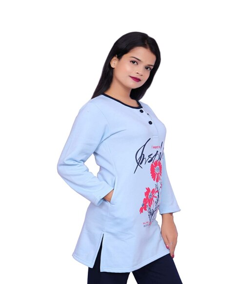 PLUSH Women's Winter Wear Printed Night Suit/Nightwear suit Sets/Nightsuits (L-SKY)