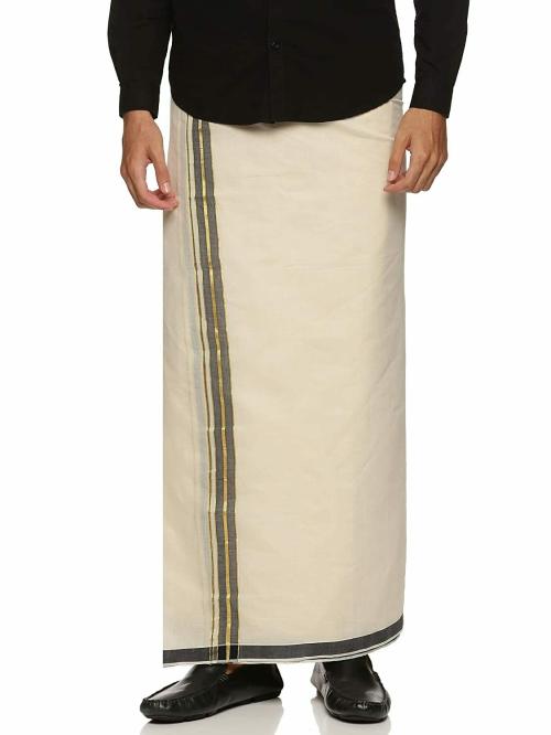 Handlooom.com - Handmade in india for the world ! Cotton Off White Double Mundu/Dhoti/ Veshti with Light Zari and Black Border For Men With Handloom Mark And 1 Year Warranty