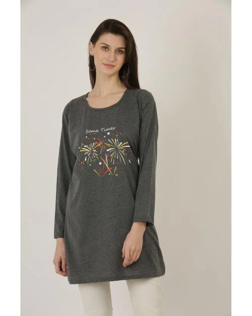 RRAVAYKI Cotton Printed Full Sleeves Round Neck Regular Fit T-Shirts/Top/Long Night Wear T-Shirt for Women's & Girls |Size-XL |Pack of 1|Dark Grey