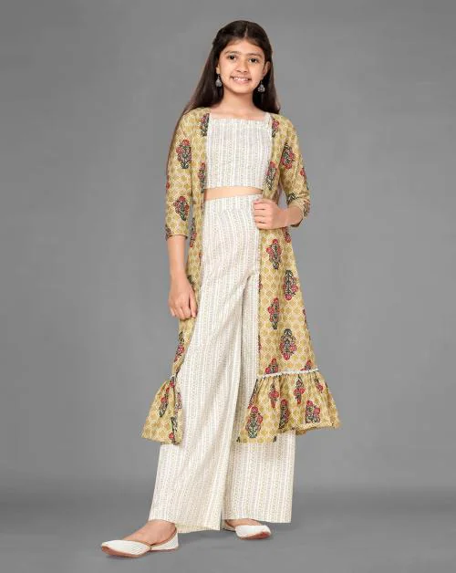 Fashion Dream Girls Beige Floral Printed Cotton Shrug, Crop Top And Palazzo Set | Girls Ethinc Set | Kids Wear | Ethnic Wear