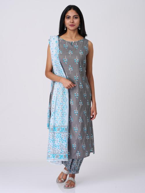 Anora Cotton Ash Grey Floral Creeper All over Print Straight cut Kurti set For Women (Ash Grey, M)