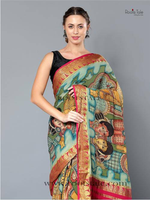Roots Tale BLUE KALAMKATI NATURAL DYE MAYSOOR SILK SAREE