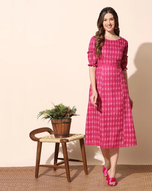 Fashion Dream Women Pink Ikat Printed Cotton Dress | Dresses| Women Dress| Midi Dresses| Dress for Women| Women Casual Dress | A-Line Dress| Women Cotton Dress |Printed Dress