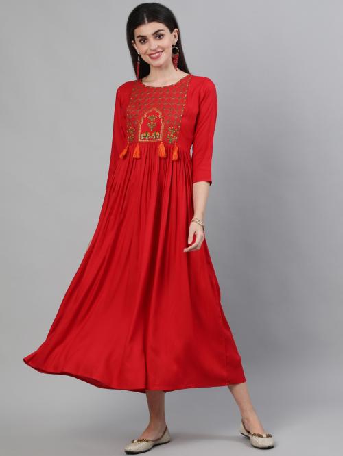 Kimayra Red Womens Rayon Embroidered Flared Kurta