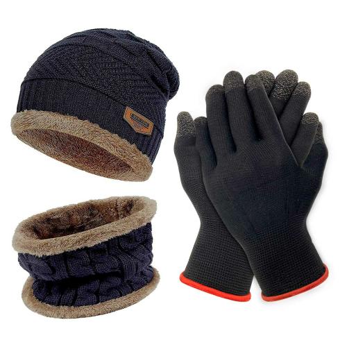 ZURU BUNCH Touchscreen Gloves and Unisex Winter Beanie Cap and Neck Warmer Fleece Lined Knit Gloves Elastic Cuff and Woolen Beanie Cap Plus Muffler Scarf Set of Blue Beanie & Black Gloves