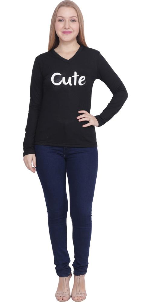 CHAUHAN Women Black Printed Pure Cotton V Neck Tshirt (L)