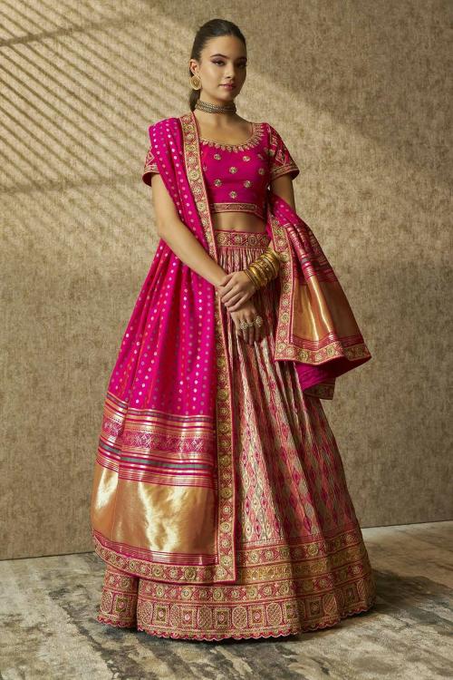 Soch Women's Pink Silk Blend Embroidered Unstitched Lehenga Set With Zari Work