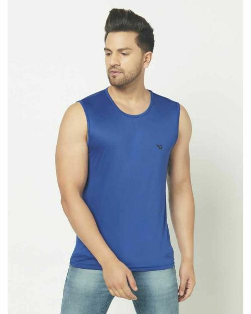 Glito Blue Solid Round Neck Sleeveless Vest For Men's