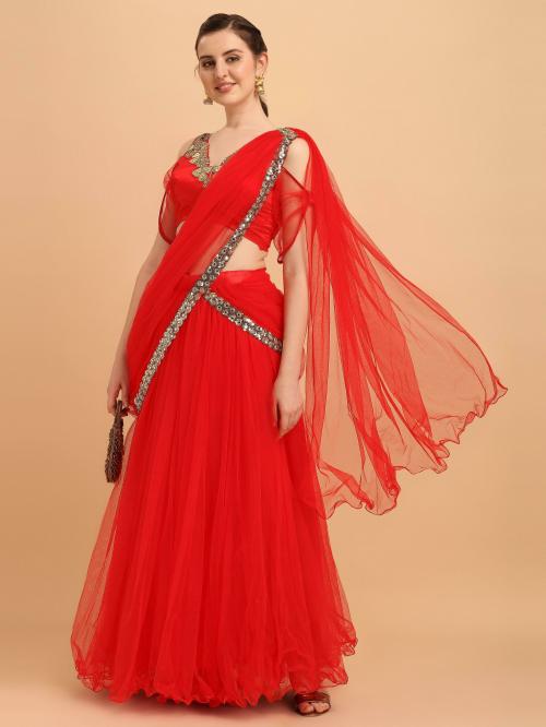 Tikhi Imli Red Net One Minute Saree With Embroidered Sequin Lace