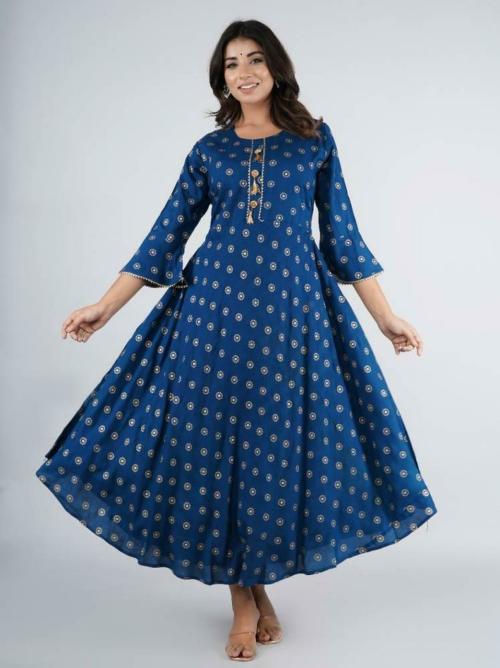 JAHIDA COMFORT WITH STYLE Women Blue Printed Viscose Rayon Anarkali Kurta - L