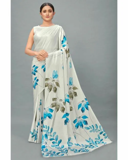 Happy Design Women White Printed Satin Saree