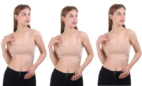 VS Beauti Women's Pure Cotton Flexi Fit Lightly Padded 6 Strap Sports Short Bralette Cream Bra Pack of 3