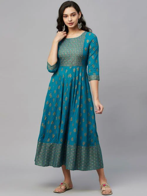 AMIRA'S INDIA ETHNIC WEAR Womens Rayon Slub Printed Embroidered Anarkali Gown (Teal Blue)