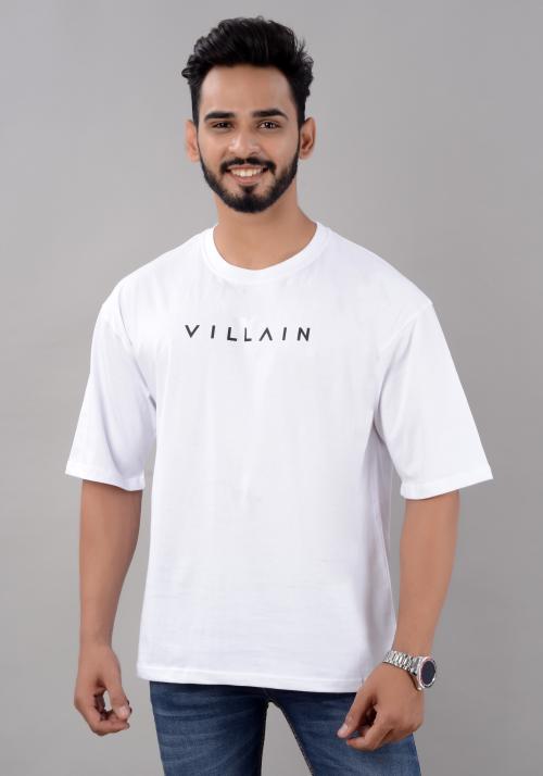 Villain Cotton Blend Oversize Loose Fit Drop Shoulder Round Neck Half Sleeve Typography Printed White T-Shirt for Men