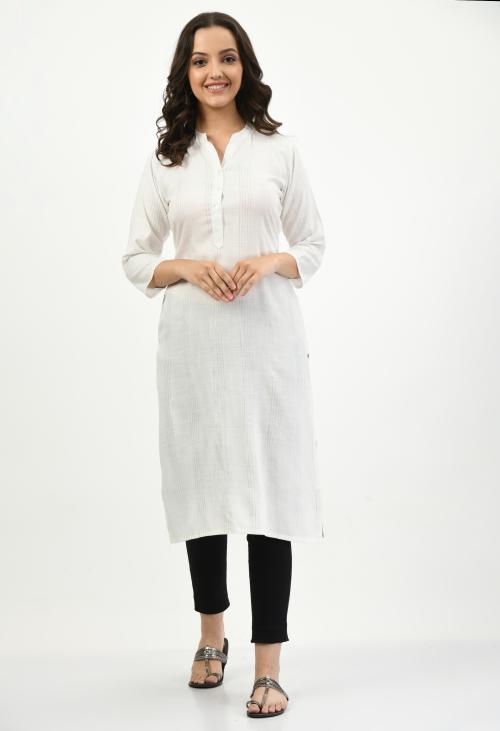 MAURYA Women's White Color Striped Print A line Calf Length Kurti (XL)