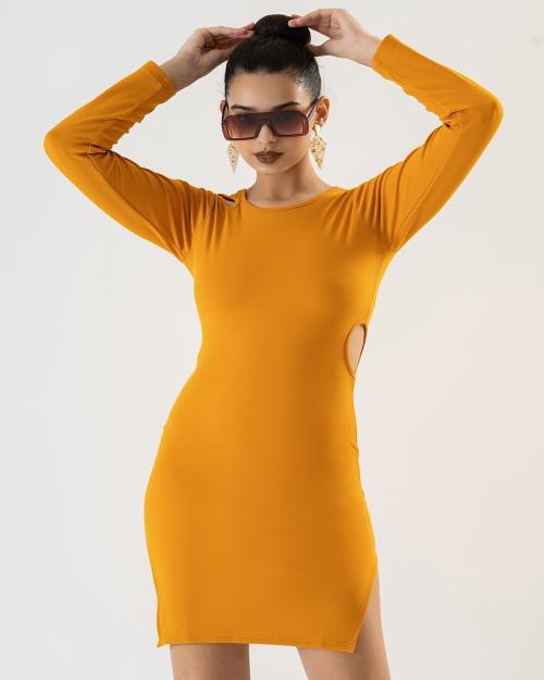 Buy 14 Fab Women Cotton Blend Mustard Color Dress For Women Online at