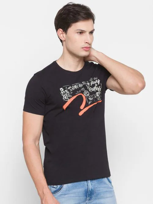 Spykar Men Black Cotton Slim Fit Round Neck Tshirt