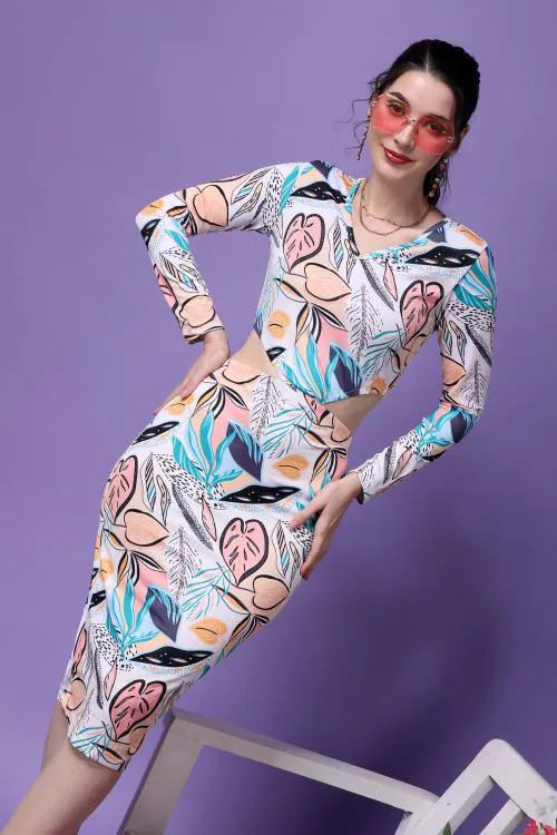 Popwings Women Casual White Abstract Printed Bodycon Cutout Dress | Women Full Sleeve Dress | Women V Neck Dress | Women Knee Length Dress