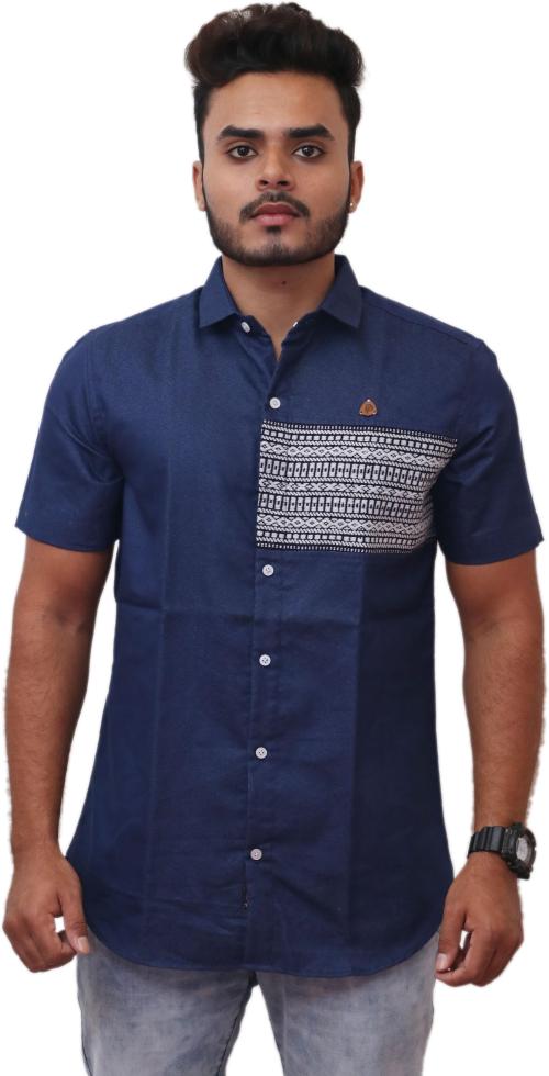 PP SHIRTS Men Blue Woven Design Cotton Blend Spread Party Shirt (6Xl)
