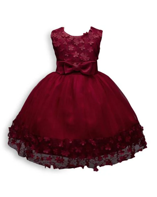 Hopscotch Girls Polyester And Cotton Sleeveless Solid Party Dress In Maroon Colour For Ages 5-6 Years (SRS-1707405)