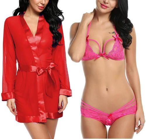 Iyaracollection Women Red Self Design Net, Lace Lingerie Robe Set