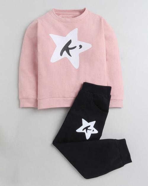 Hopscotch Girls Cotton Graphic Print Sweatshirt And Jogger Set In Pink Colour For Ages 4-5 Years (YZK-2746192)