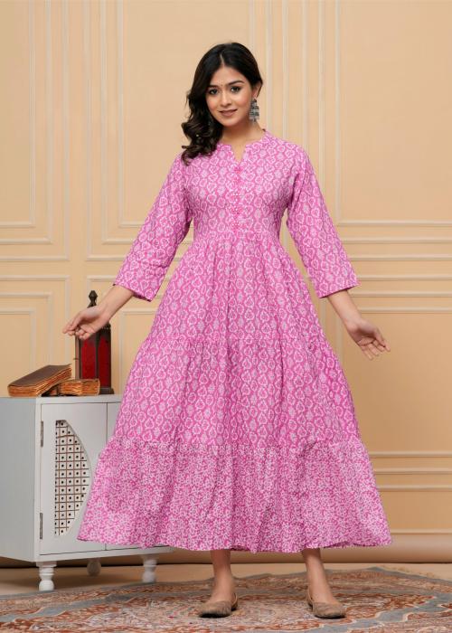 Avyco Women's Printed Pure Cotton Long Dress (Pink-M)