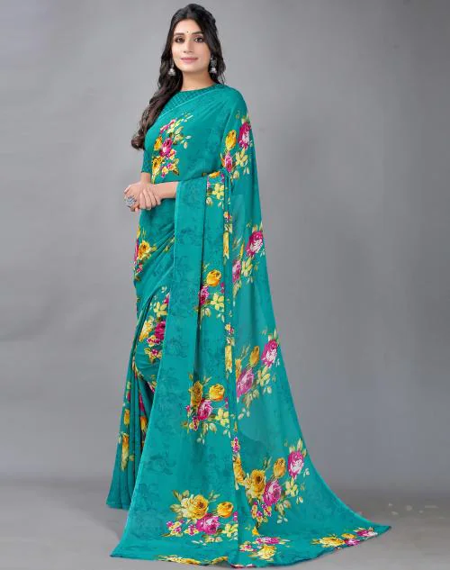 Satrani Women'S Rama Green Floral Printed Saree | sarees for Women| saree | sarees
