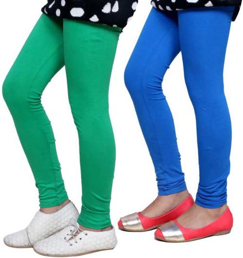 Tik Tok Wears Girls Black, Green Solid Cotton Blend Pack of 2 Leggings