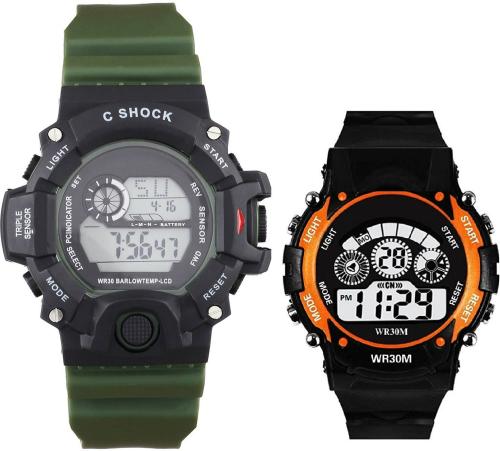 Blutech Digital Multicolor Dial Green Strap Watch For Boys (Pack Of 2)