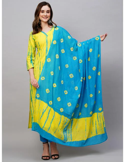 GoSriKi Women's Yellow Straight Printed Kurta with Trouser & Dupatta