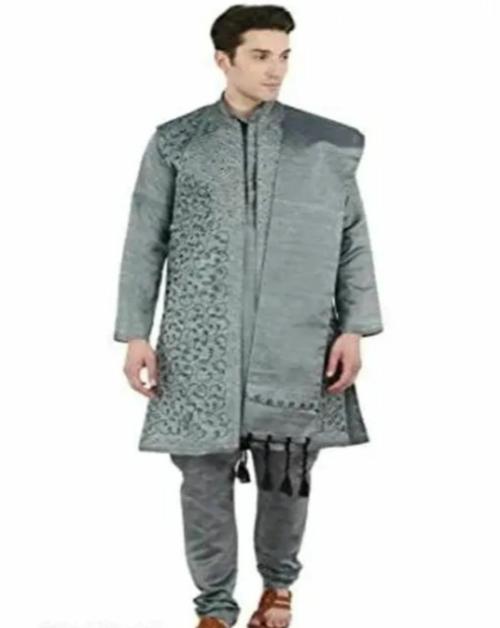 ONE FORT Kurta Pajama For Men Art Silk Embroidered Sherwani Jacket and Stole WEDDING Dress Set Black color