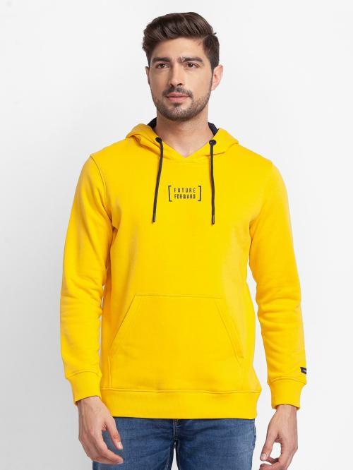 Spykar Chrome Yellow Cotton Full Sleeve Hooded Sweatshirt For Men
