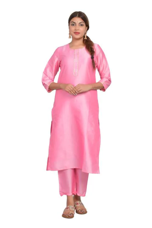 Riara Women Solid Straight Kurti Set Casual Regular Flared Suit Ladies Kurta with Pant (X-Large, Baby Pink)