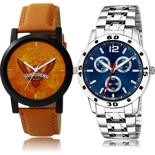 NIKOLA Modish Wrist Sunrisers Hyderabad (Srh) Ipl And Silver Chain Brown And Silver Colour Analog Genuine Leather And Stainless Steel Belt 2 Watch Combo For Boys And Men - IPL8-(71-S-19)