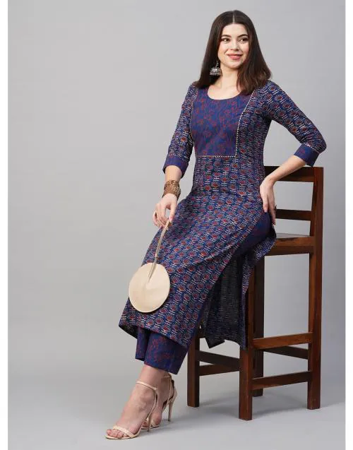 GoSriKi Women's Cotton Blend Blue Straight Printed Kurta with Palazzo