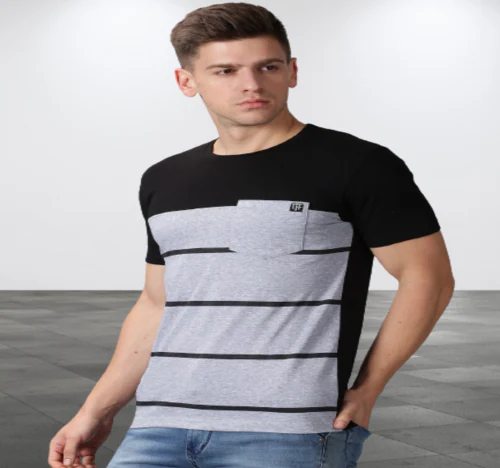 THE FASHION FACTORY Men Striped Round Neck Cotton Blend Black, Grey T-Shirt-L