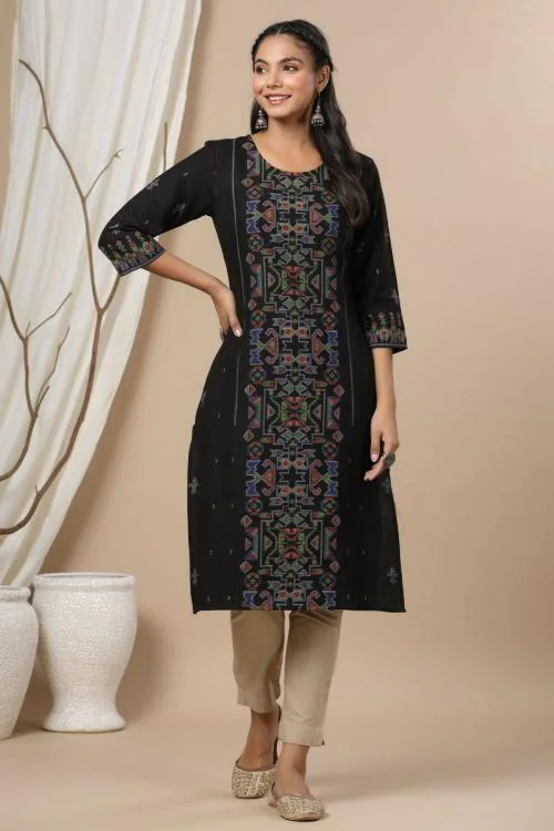 Juniper Women's Black Rayon Flex Printed Straight Kurta