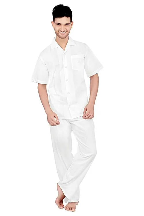 TATWAM Men White Cotton Nightsuit