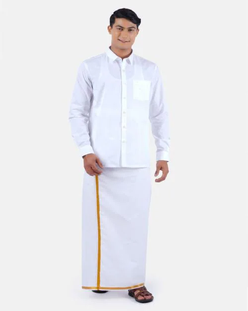 Ramraj Men White Solid Polycotton Shirt Dhoti Set