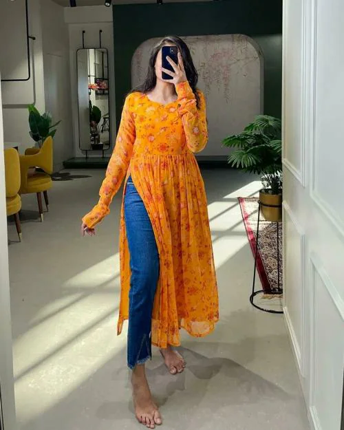 GOLAVIYA Yellow Floral Printed Georgette Naira Cut Casual Kurti Printed Salwar Suit Events Wear Nayra Cut Kurti office,college,casual wear fully sleeved georgette kurti