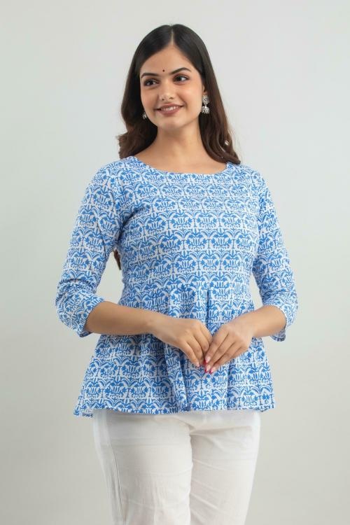 WOMEN TOUCH Women Blue Printed Cambric Top