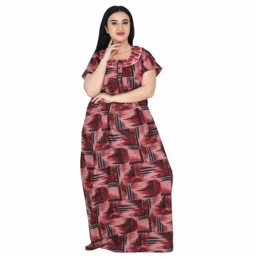 OSF Women's Embroidery Printed Cotton Floral Maxi Round Neck Full Length Nightwear Night Gown Nighty ( Pack of 1, Red, Size: 2XL, NE0022_2XL_R)