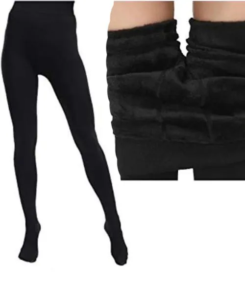 VI3 Women Stretchable Winter Thick Fur Lined Footed Length Stocking - for Winters - Thermal Soft Pantyhouse with Inside Fur - Free Size Waist Size 28