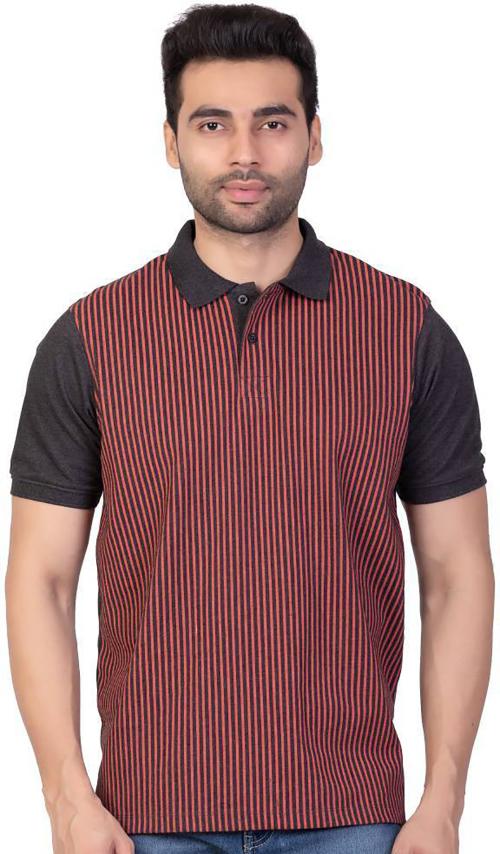 Barcelona Mens Black Striped Pure Cotton Polo Neck T-Shirt (L)