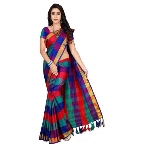 Renrotic Women Red Checkered Cotton Silk Saree