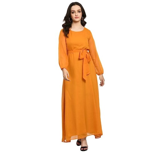Buy VESFRITA Mustard Colour Gerogett Dress with Belt Western Solid Long Gown (Mustard