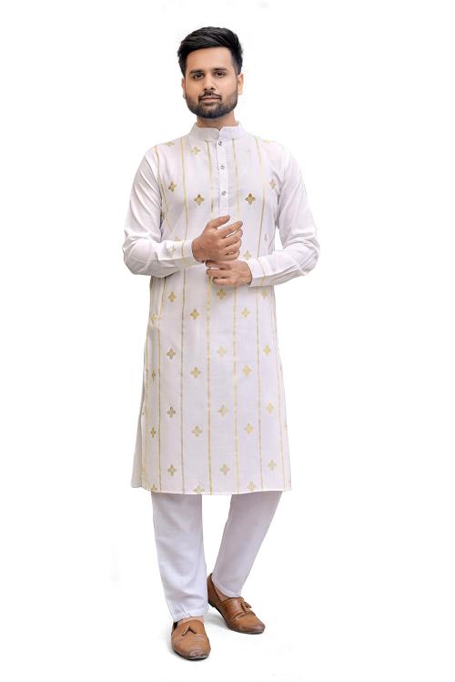 Zarkle Men White Foil Print Pure Cotton Kurta Pajama Set (2Xl)