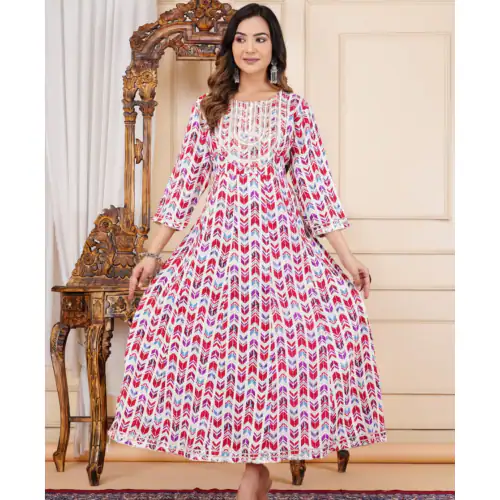 IQARA Premium 100% Rayon Embroidered Women Pink Gown/Kurta|Size-M