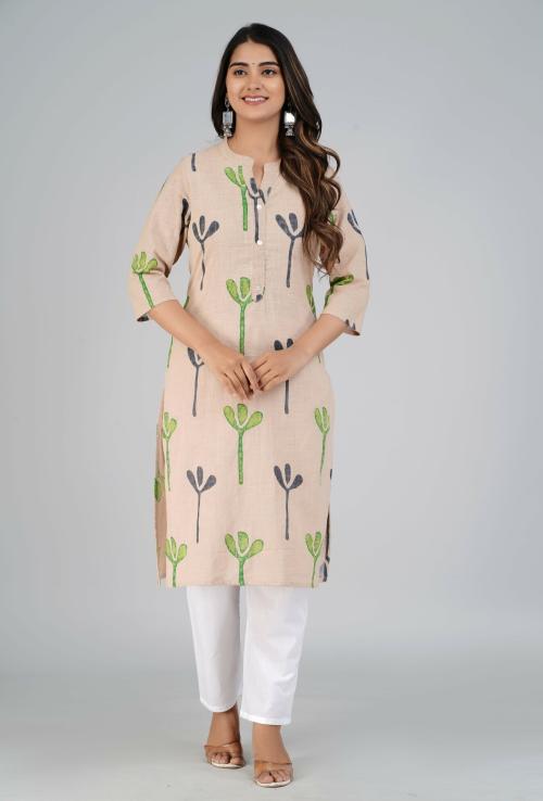 Indiwest Peach Abstract Printed Straight Cotton Kurta
